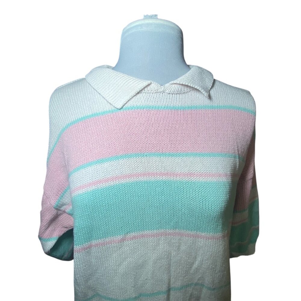Vintage Striped Knit‎ Collared Sweater White Pink Mint Pastel Size M Retro